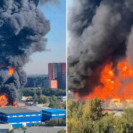 Крупный пожар в Балашихе: производственное здание в огне